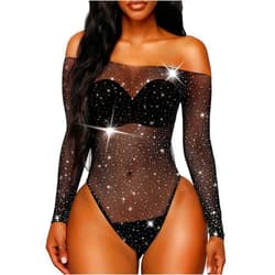 RSLOVE Women Lingerie Fishnet Bodysuit Sparkle Rhinestone Sexy Mesh Teddy Lingerie