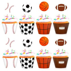 Hxezoc 48 Pack Sports Balls Cupcake Toppers and Wrappers, Football Basketball Soccer Baseball Cake Decoration for Sport Theme Birthday Party Sports Game Day Party Supplies
