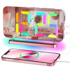 Poeroa RGB Alarm Clock,7.4” LED Mirror Digital Clocks Large Display,with Night Light,USB C Charger Port,Auto Dimmer,Modern Desk Clock for Bedroom Home Office Decor - Rose Gold