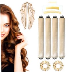 JHSLCHA Overnight Heatless Hair Curler, 8Pcs Set Jumbo Heatless Curls with Scarf, Satin Flexi Rods with Hook, Velvet Jumbo Rods to Sleep in, Flexible Rollers for All Hair Types (Khaki)