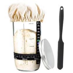 DWTS DANWEITESI Sourdough Bread Baking Supplies,24 oz Sourdough Starter Jar Glass, Sourdough Starter Kit with Date Marked Feeding Band, Thermometer, Silicone Scraper, Sewn Cloth Cover & Aluminum Lid, Sourdough Jar