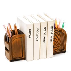 Nicunom 2 Pcs Bookends for Shelves, 2-in-1 Wooden Bookend with Desk Supply Holds, Non-Skid Book Ends Book Stopper, Sturdy Book Holder Organizer Decorative Bookends for Home Office