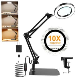 YMDD 10X Magnifying Glass with Light and Stand,2-in-1 Magnifying Desk Lamp with Clamp,3 Color Modes,Stepless Dimmable LED Magnifying Lamp for Hobby Craft Reading Painting Sewing Close Work-Black