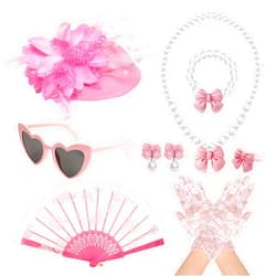 Fumwase 8Pcs Pink Tea Party Accessories Set Gloves Hats Necklace Fan Bracelet Earrings Sunglass Ring for 20s 50s Accessories