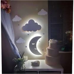 Generic Cloud Nursery Wall Lights Cloud and Moon Night Light Customized Wooden Cloud and Moon Wall Light for Kids Nursery Night Light