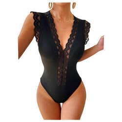 SweatyRocks Women's Scallop Trim Lace V Neck Bodysuit TankTop Sleeveless Slim Fit Leotard Tops Shirt