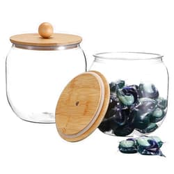 IMEDGOG 2-Pack Airtight Laundry Pod Containers, Clear Plastic with Bamboo Lids & Seal Rings, Cylindrical Detergent/Dishwasher Pod Storage Organizer for Laundry Room Kitchen Bathroom
