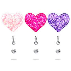 Ascrafter 3 Pack Bling Heart Badge Reel Retractable, Badge Clip on ID Name Card, Glitter Love Heart Badge Holder for Nurse Teacher