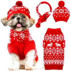 ABRRLO Dog Christmas Outfit 3 PCS Set Pet Xmas Sweater Hat Scarf Snowflake Christmas Dog Cat Sweater Costume Winter Warm Small Dog Clothes New Year Holiday Puppy Clothing (Scarf + hat + Sweater,M)
