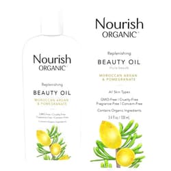 Nourish Organic Beauty Oil – Replenishing Body Oil with Moroccan Argan Oil, Pomegranate, Rosehip Oil & Vitamin E, 3.4 Oz + Washable Cotton Round