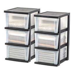 IRIS USA Plastic Drawer Storage Organizer, 3-Drawers, 2-Pack, for Classroom Art Craft Supplies, Dresser Closet, Bathroom Bedroom, Laundry Room, Black/Clear
