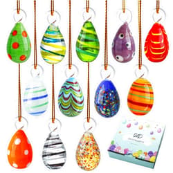 HDCRYSTALGIFTS 12PCS Blown Glass Easter Eggs Hanging Ornaments for Easter Tree Decorations Home Party DIY Crafts