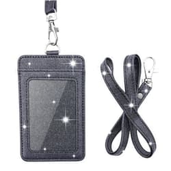 Life-Mate PU Leather ID Badge Holder, Life-Mate ID Badge Holder with 1 Clear ID Window 1 Credit Card Slot and PU Leather Lanyard for Badge Credit Cards College ID Cards in Glitter Black