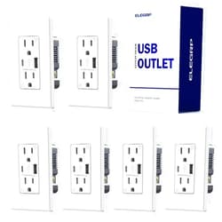 ELEGRP USB Outlets, 15 Amp Wall Outlet with USB Ports, 21W USB Outlets Receptacles with Type A & Type C Ports, Tamper Resistant Receptacle, Wall Plate Included, Ul Listed (6 Pack, Matte White)