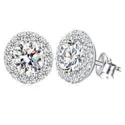 Jiamiaoi 18K White Gold Plated 3.5 Carats Round Halo Earrings 925 Sterling Silver Solitaire Stud Earrings for Women, Sparkle 5A+ Cubic Zirconia Earrings Studs CZ Diamond Stud Earrings Jewelry for Women