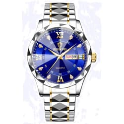 Gosasa Luxury Men's and Women's Business Diamond Stainless Steel Waterproof Roman Numeral Analog Quartz Watch with Day-Date Calendar, Gold and Silver Tone
