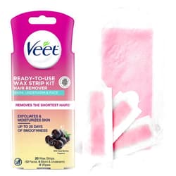 VEET Wax Strips Hair Removal Kit for Face, Underarms, Bikini, Dermatologically Tested, 20ct Wax Strips, 2 Sizes with Shea Butter & 4ct Wipes for At Home Waxing