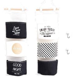 KRLIFCSL Over The Door Clost Hanging Storage Bag with 3 Pockets Canvas Fabric Wall Storage Organizer, 2 Pcs Adhesive Wall Hooks,2 Pack.(Stripe)