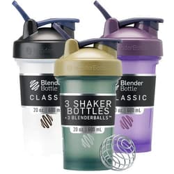 BlenderBottle Classic V2 Shaker Bottle Perfect for Protein Shakes and Pre Workout, 20-Ounce (3 Pack), Black, Tan/Blue, Purple