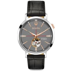 Bulova Men's Classic Aerojet 3-Hand Automatic Leather Strap Watch, Open Aperture, 40-Hour Power Reserve, Double Curved Mineral Crystal, 41mm