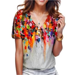 KABAZLE Summer Floral v Neck Flowy Tops for Women Trendy 2024 Short Sleeve Boho Tunic Ladies Dressy Casual Button up Blouses