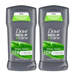 DOVE MEN + CARE Dove Men+Care Extra Fresh Men's Antiperspirant Deodorant Stick Extra Fresh Twin pack With 72-hour sweat & odor protection with 1/4 Moisturizing Cream & Long-lasting Citrus Scent 2.7 oz