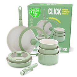 GreenLife 10 Piece Nonstick Pots & Pans Set, Detachable Handle & Stackable Cookware Set, Non Toxic PFAS-Free Skillets, Induction Kitchen Pans, Space Saving, Serving Bowls, Oven Safe, Sage Green