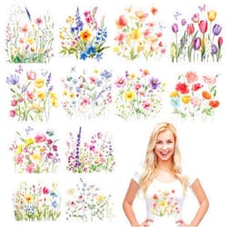 EoBeCy 12 Sheets Watercolor Flower Iron on Transfers for T-Shirts, Spring DTF Transfers Ready to Press Heat Transfers Vinyl, Iron on Decals for Women Girls Clothes Bag Pillow Cover DIY Crafts