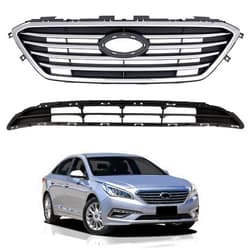 PartsFlow 2PCS Front Bumper Grille Black W/Chrome Trim Grill Upper & Lower For 2015 2016 2017 Hyundai Sonata