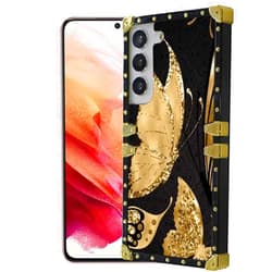 Stewing prerog Compatible with Samsung Galaxy S22+ Plus Square Case,Elegant Gold Butterfly Glitter Luxury Golden Decoration for Samsung Case Girls Women,Soft TPU and Hard PC Back Trendy Protective Cover Case