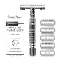Rockwell Razors R1 Double Edge Safety Razor in White Chrome. Beginner-Friendly for a Smooth, Comfortable Shave. Twist-To-Open handle for Easy Blade Loading. Includes 5 Recyclable Safety Razor Blades.