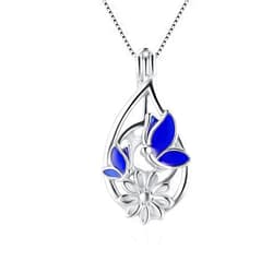 LGSY Blue Butterfly Teardrop Cage Pendants for Pearl Jewelry Making Sterling Silver, Design Pearl Cage Pendants for Women