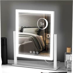 HIEEY Lighted Makeup Mirror, Hollywood Vanity Mirror with Lights, Three Color Lighting Modes, and 5X Magnification Mirror, Smart Touch Control, 360°Rotation (14.1in,White,Gift Box)
