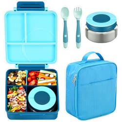 Howeemo Bento Lunch Box Set for Kids with 8oz Soup Thermo, Leak-Proof Lunch Containers with 4 Compartment, Kids Thermo Hot Food Jar and Insulated Lunch Bag for Kids to School-Blue