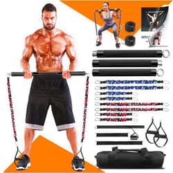 DASKING Portable Home Gym Resistance Band Bar Set with 8 Anti-Break Stackable Resistance Bands,Detachable 500LBS 2 in 1 Pilates Bar with Bands,Full Body Workout Equipment Exercise Bar Set