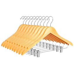 Quality Hangers Quality Wooden Skirt Hangers with Clips, 10-Pack Smooth Solid Wood Pants Hangers with Durable Adjustable Metal Clips, Swivel Hook, Coat, Jacket, Blouse Suit Hangers (Natural, 10)