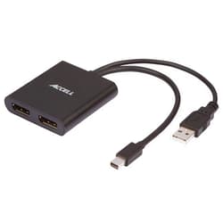 Accell mDP-2DP Multi Monitor Splitter - Mini DisplayPort 1.2 Multi-Stream Transport (MST) Hub - 1x Mini DisplayPort connector, 2x DisplayPort outputs,Black