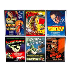 YELLOWBIRD ART & DESIGN Godzilla, Dracula, The invisible Man, The Mummy, Frankenstein Wall Art & Decor - Vintage Horror Monster Movie Posters - Home Theater Set - Classic Scary Movie - Man Cave, Boys Bedroom, Teens Room