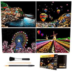 M MUGIT Rainbow Scratch Art Painting Paper (A4) for Adults & Kids, DIY Night View Scratchboard Set: 4 Sheets Scratch Cards & Clean Brush, Drawing Pen(Cinque Terre / Windmill / Ferris Wheel / Hot Air Balloon)