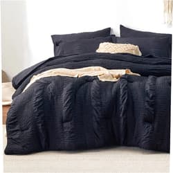 Bedsure Twin Comforter Set - 5 Pieces Striped Seersucker Jacquard Comforter Bedding Set, Bed in a Bag with Comforter, Flat Sheet, Fitted Sheet, Pillowcase & Sham, Black