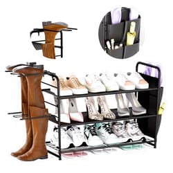 CLESOO Shoe Rack Storage Organizer 3-Tier Freestanding Metal Shoe Rack, Stackable Combination Shoe Rack with Side Pockets and Boot Organizer Rack Suitable for Entrances, Corridors, Garages