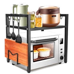 Moondust Wj Microwave Shelf，Microwave Rack with Hooks，Kitchen Counter Shelf Expandable Microwave Stand，Carbon Steel Small Microwave Stand，Microwave Stand Countertop and Countertop Organizer Kitchen.