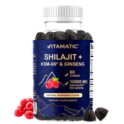 Vitamatic Shilajit with KSM-66® Ashwagandha & Ginseng 10,000 mg Equivalent Per Serving – Natural Raspberry Flavor – 60 Vegan Gummies - Made in USA