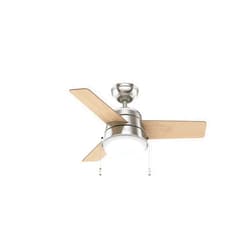Hunter Fan Company Aker 36-inch Indoor Brushed Nickel Modern Ceiling Fan With Bright LED Light Kit, Pull Chains, Reversible WhisperWind Motor and SureSpeed Technology Included