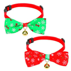 QKURT 2pcs Christmas Pet Collar, QKURT Adjustable Xmas Puppy Collar with Bow tie and Golden Bell, Cute Christmasy Pattern Neck Ring Tie for Small Dog Cat, Pet Collar Bow Tie Accessories