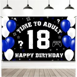 PHXEY Fabric 18th Birthday Decoration for Boys, Happy 18th Birthday Banner Blue White, 18 Year Old Birthday Party Yard Sign Photo Booth Props Background Decor Supplies for Men