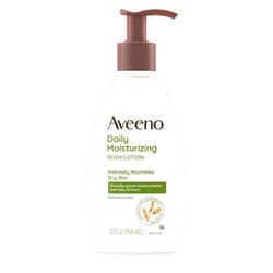 Aveeno Daily Moisturizing Body Lotion with Soothing Prebiotic Oat, Gentle Lotion Nourishes Dry Skin With Moisture, Paraben-, Dye- & Fragrance-Free, Non-Greasy & Non-Comedogenic, 12 fl. Oz