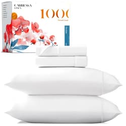 Carressa Linen 100% Egyptian Cotton Queen White Sheet Set - 1000 Thread Count 4 PC Cotton Sheets for Queen Bed, Silky Soft, Cooling Extra Long Staple Luxury Hotel Sheets - Fits Upto 18” Deep Pocket