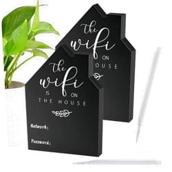 CANIPHA 2Pcs Wifi Password Sign for Home Wooden Table Wifi Sign Wooden Freestanding Chalkboard Style House Shape with Board Erasable Pen for Home Business Centerpieces,Guest Room Tabletop Decor(5