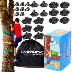 Hyponix Sporting Ninja Tree Climbing Kit – 16 Large Climbing Holds & 8 Ratchets, Quick 10-Minute Setup, Textured Grip, Safe for Kids 5-12, Black Design, Supports Up to 250lbs, Portable Carrying Bag, Outdoor Fun